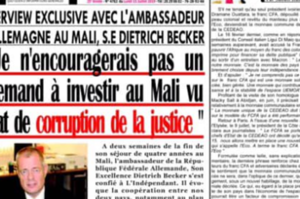 Mali: l’ambassadeur d’Allemagne parle de «corruption» et fâche des magistrats