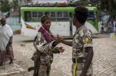 Les forces rebelles ont lancé une nouvelle offensive dans la région éthiopienne du Tigré et affirment avoir pris le contrôle de la ville d’Alamata dans le sud du Tigré. Ici, sur ce cliché du 7 mai 2021 des soldats du Front de libération du peuple du Tigré se félicitent après la capture de la ville de Hawzen.
.
AP/ BEN CURTIS